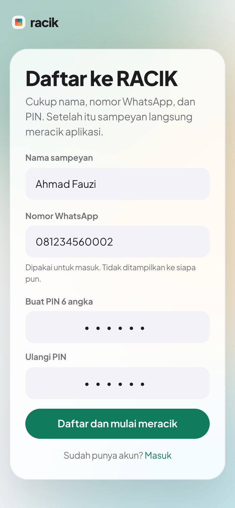 Tangkapan layar: Daftar dengan nomor WhatsApp