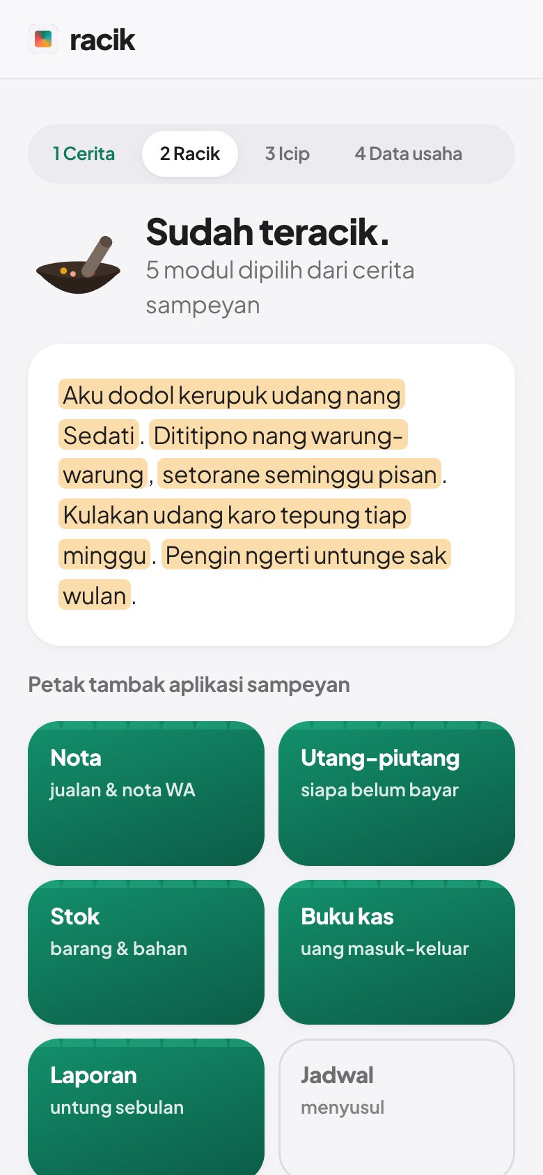 Tangkapan layar: RACIK memilih modul, sampeyan mengicipi