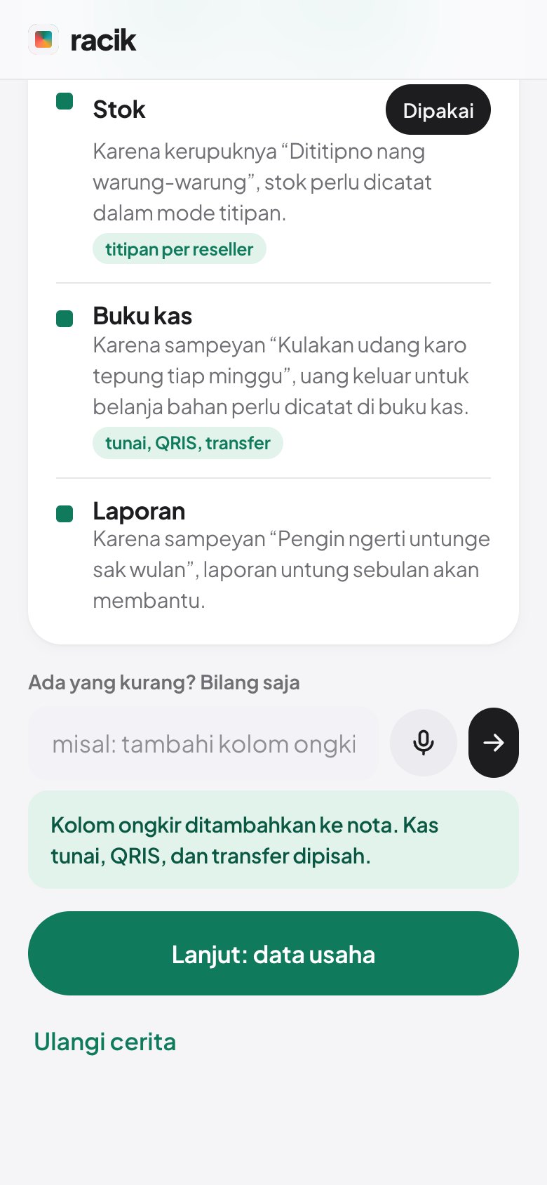 Tangkapan layar: RACIK memilih modul, sampeyan mengicipi