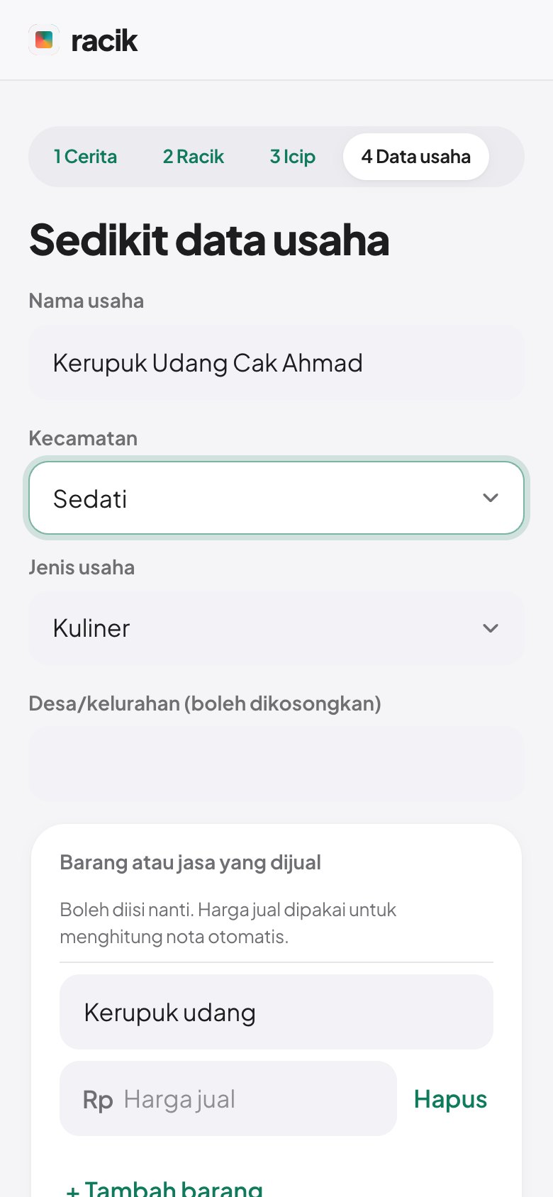 Tangkapan layar: Isi data usaha, pilih persetujuan, terbitkan
