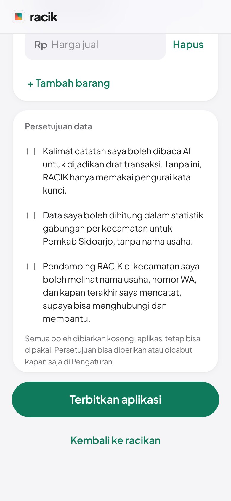 Tangkapan layar: Isi data usaha, pilih persetujuan, terbitkan