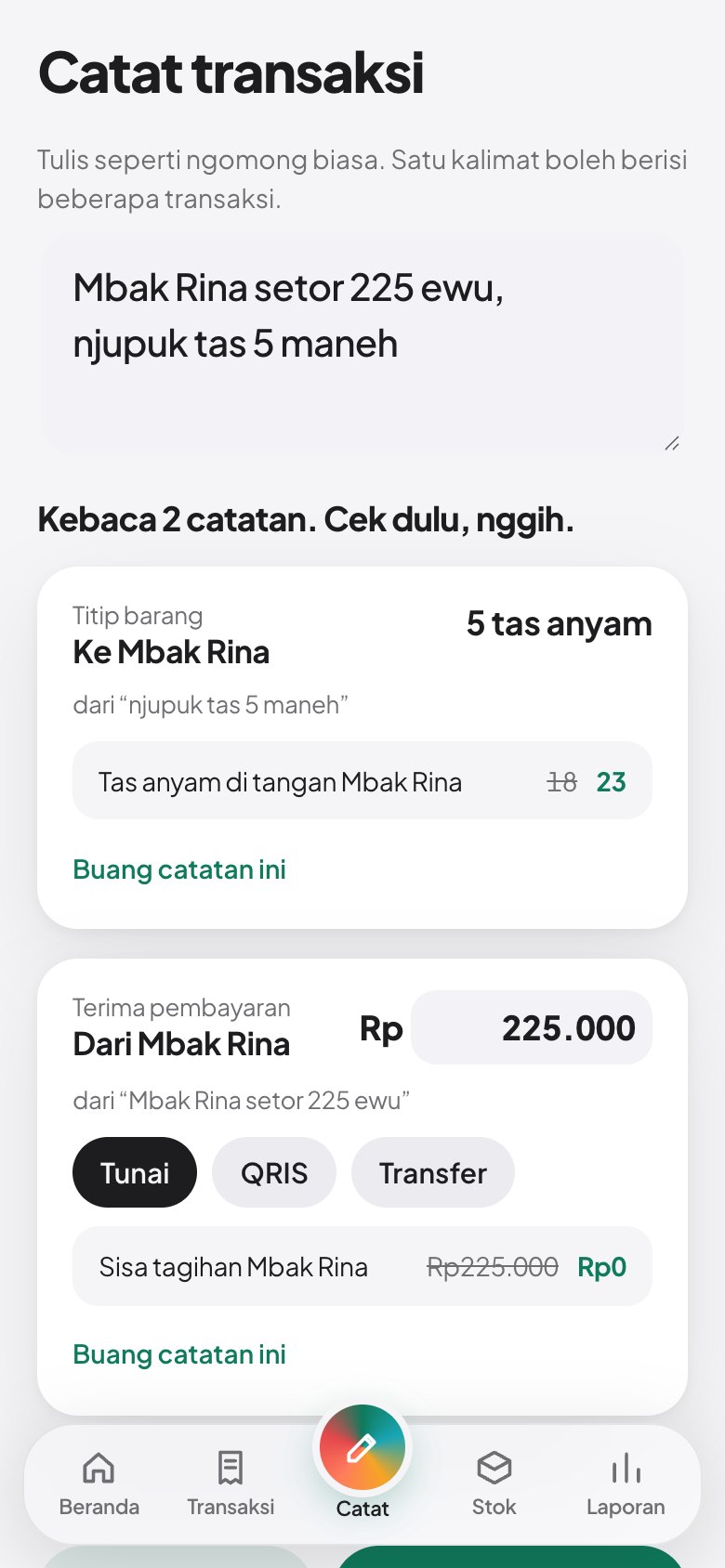 Tangkapan layar: Catat dengan satu kalimat, lalu simpan