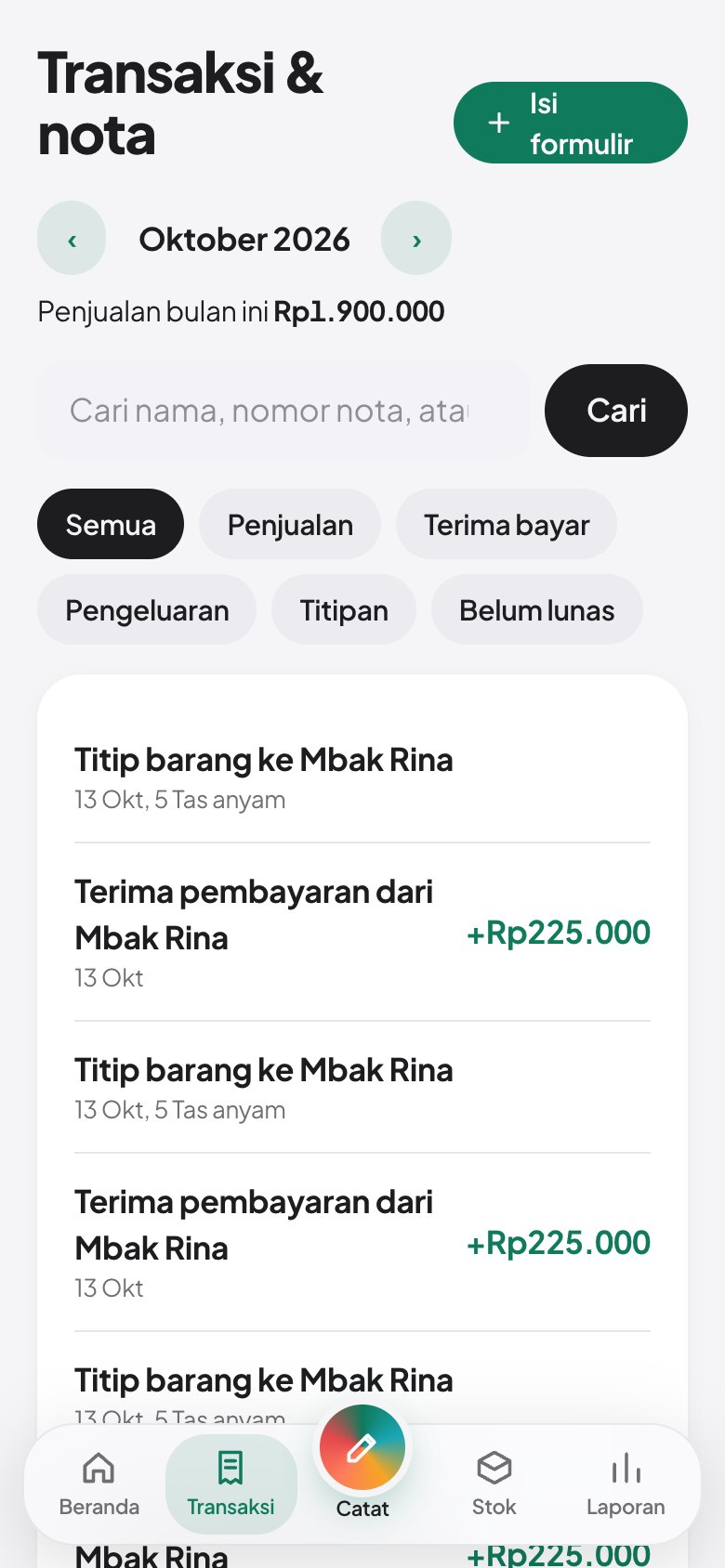 Tangkapan layar: Daftar transaksi, nota, dan pembatalan