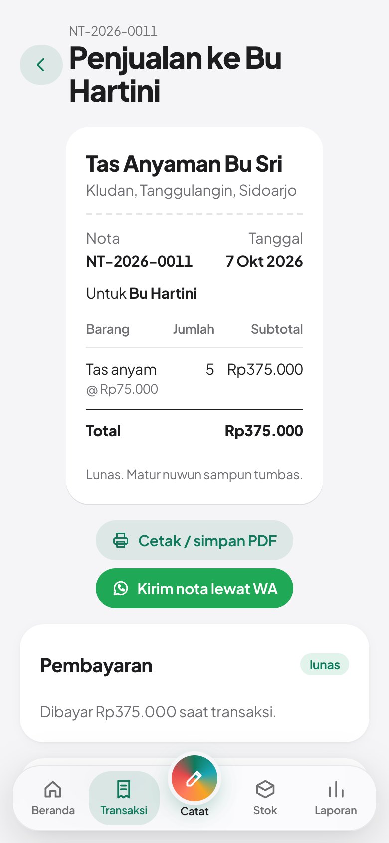 Tangkapan layar: Daftar transaksi, nota, dan pembatalan