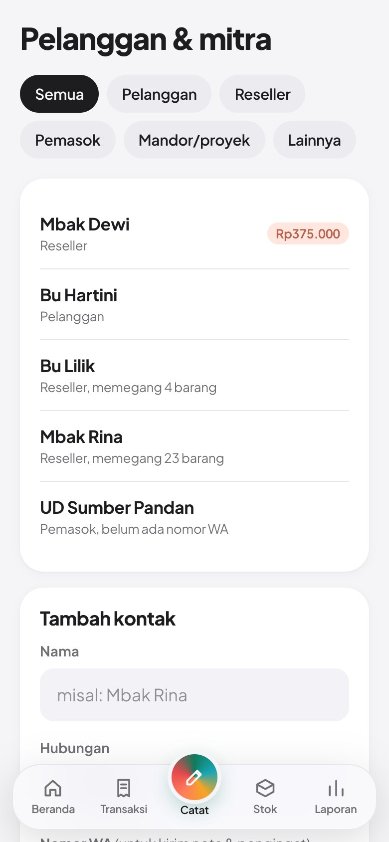 Tangkapan layar: Pelanggan, reseller, dan stok