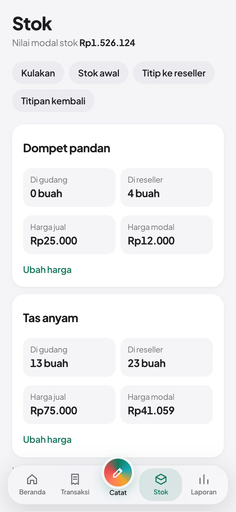 Tangkapan layar: Pelanggan, reseller, dan stok