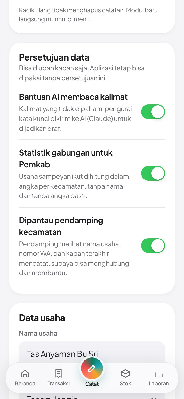 Tangkapan layar: Pengaturan dan persetujuan data